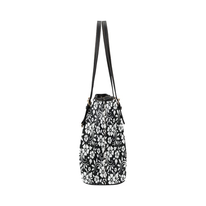Floral Black White Themed Print Leather Tote Bag