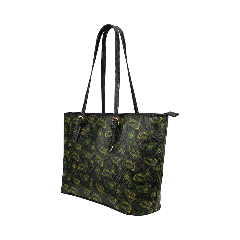 Peacock Feather Pattern Design Print Leather Tote Bag