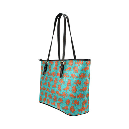 Octopus Cartoon Design Print Themed Leather Tote Bag