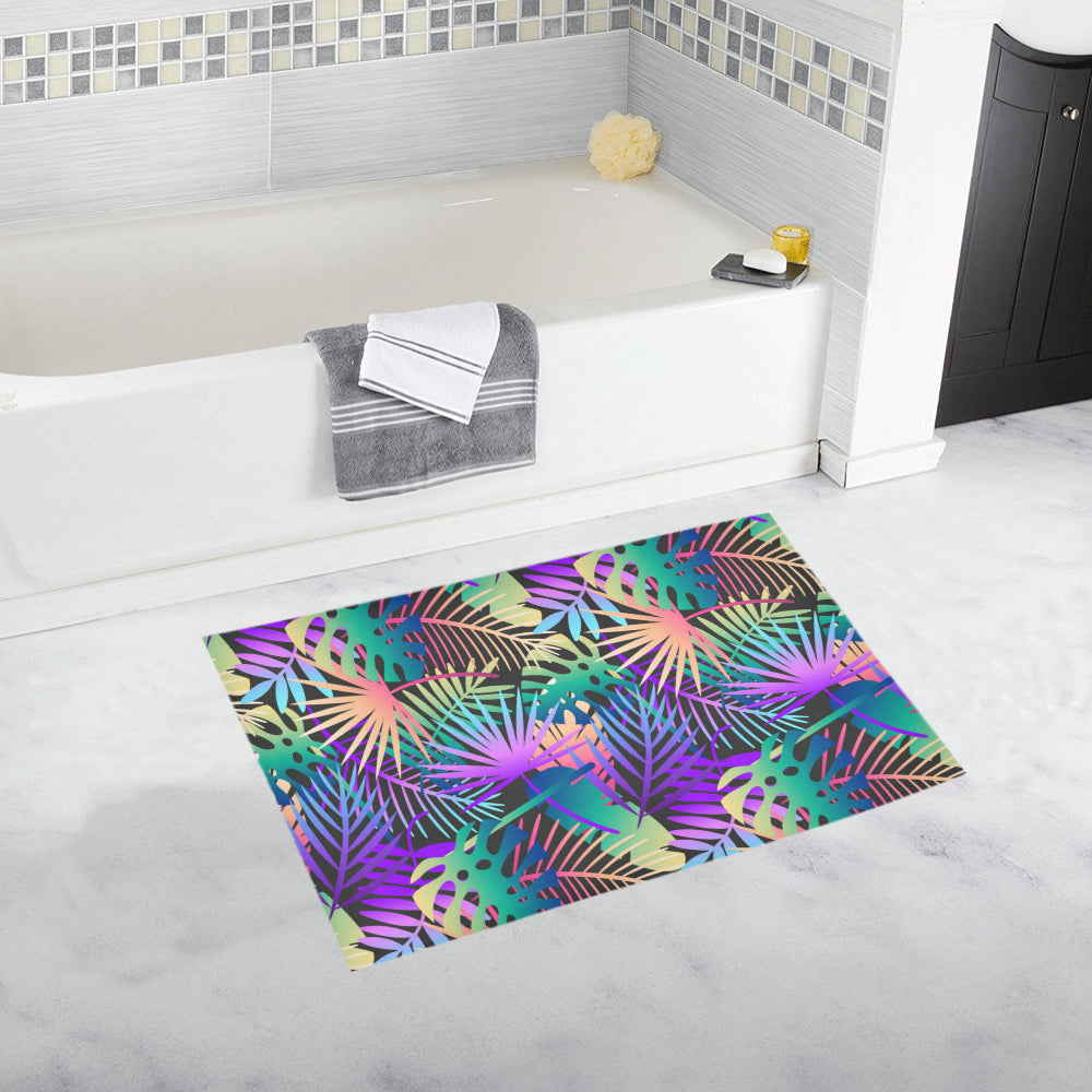 Neon Flower Tropical Palm Leaves Bath Mat