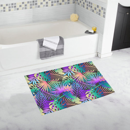 Neon Flower Tropical Palm Leaves Bath Mat