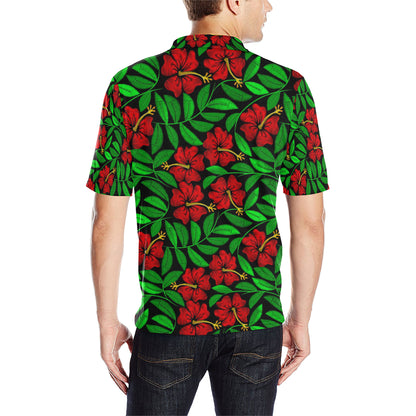Red Hibiscus Embroidered Pattern Print Design HB03 Men Polo Shirt