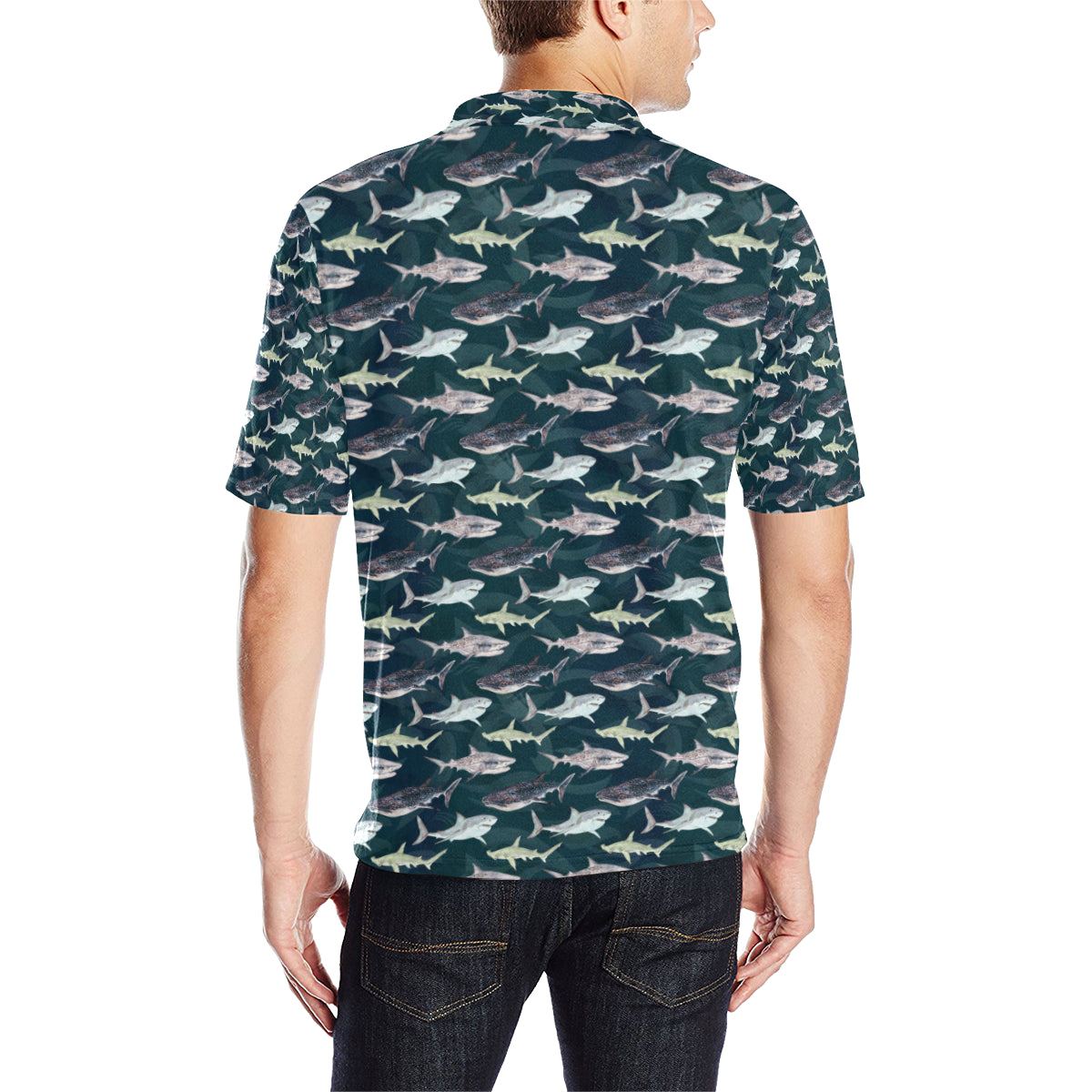 Shark Pattern Print Men Polo Shirt