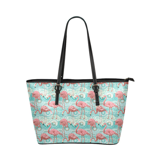 Flamingo Background Themed Print Leather Tote Bag