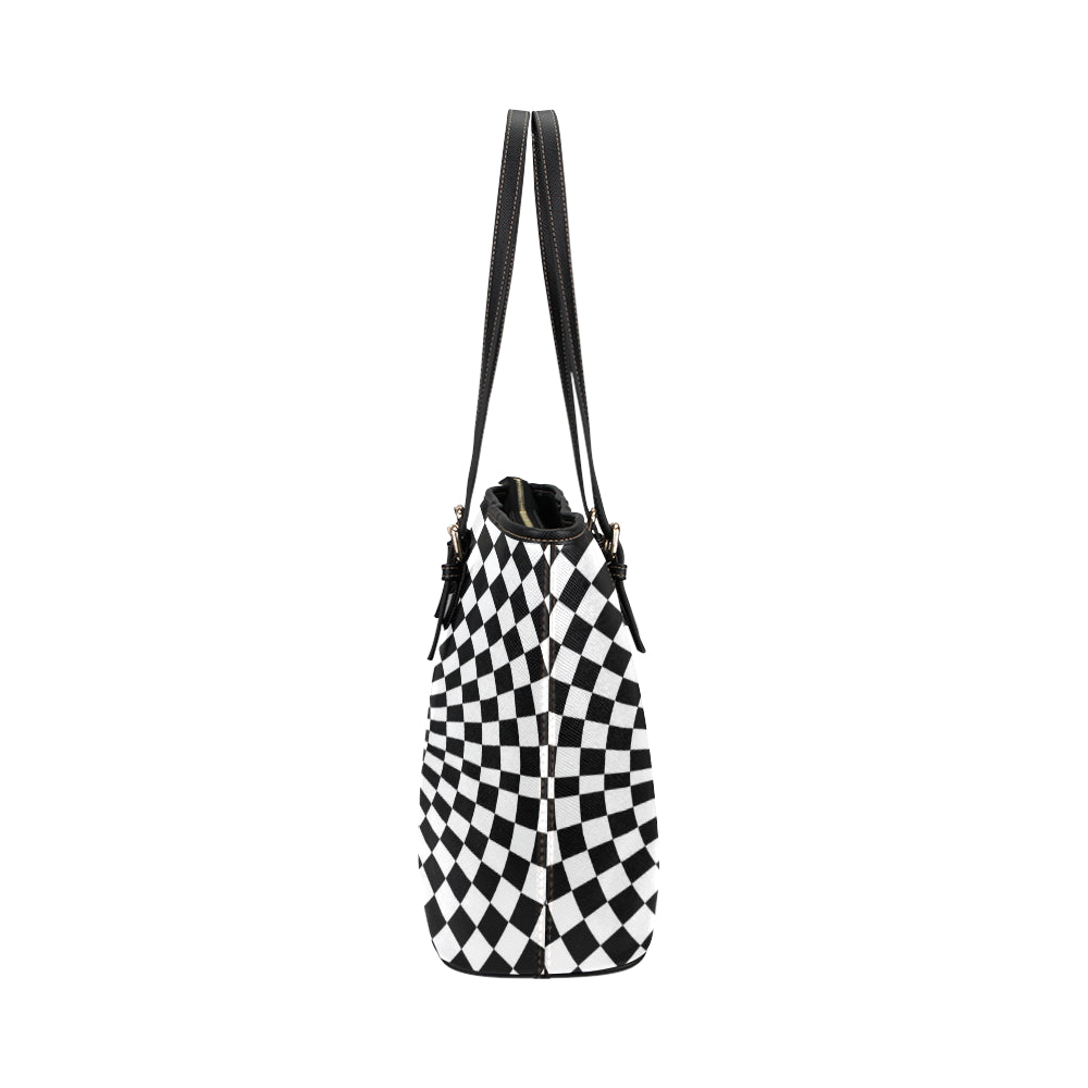 Checkered Flag Optical illusion Leather Tote Bag