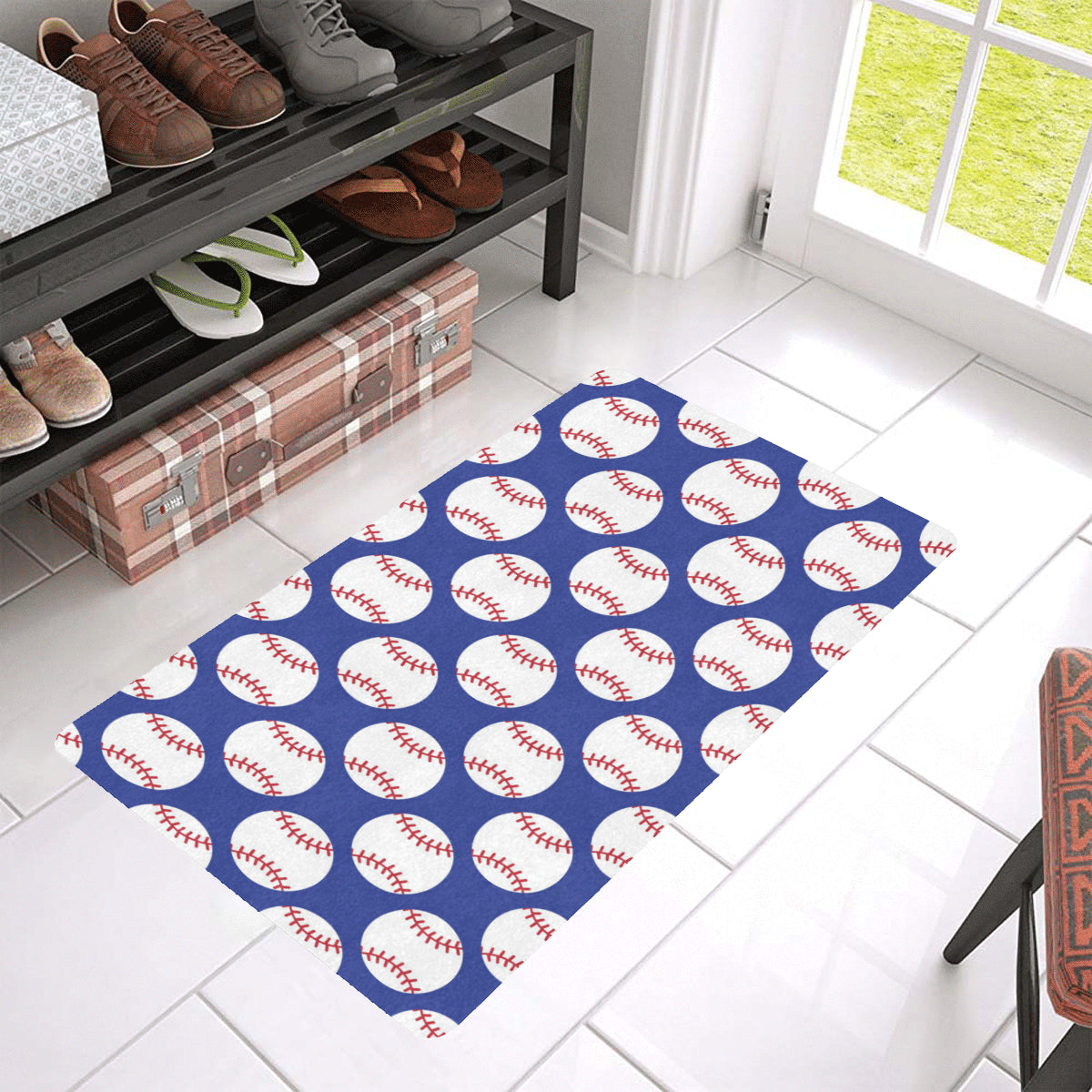 Baseball Blue Background Rubber Doormat