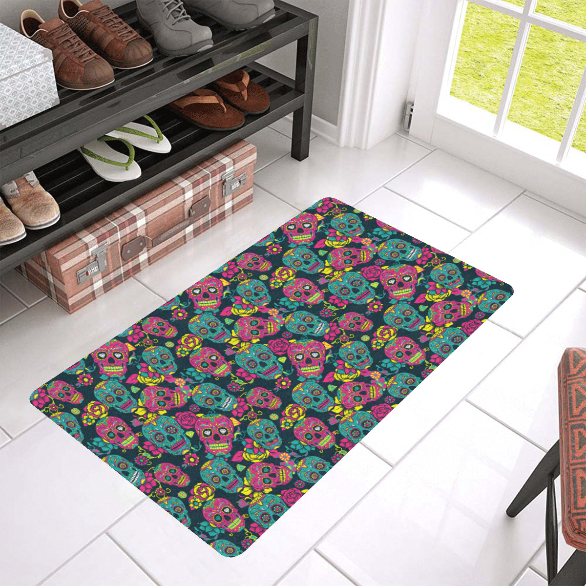 Sugar Skull Floral Design Themed Print Rubber Doormat