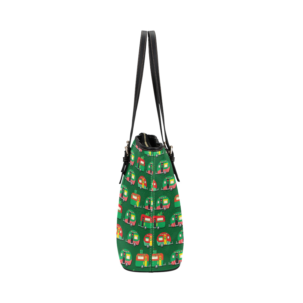 Camper Camping Christmas Themed Print Leather Tote Bag