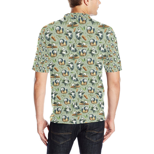 Panda Bear Design Bamboo Print Men Polo Shirt