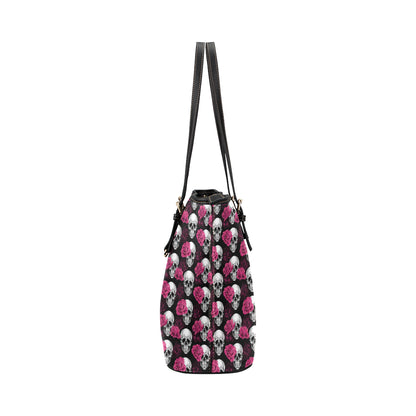 Pink Rose Skull Themed Print Leather Tote Bag