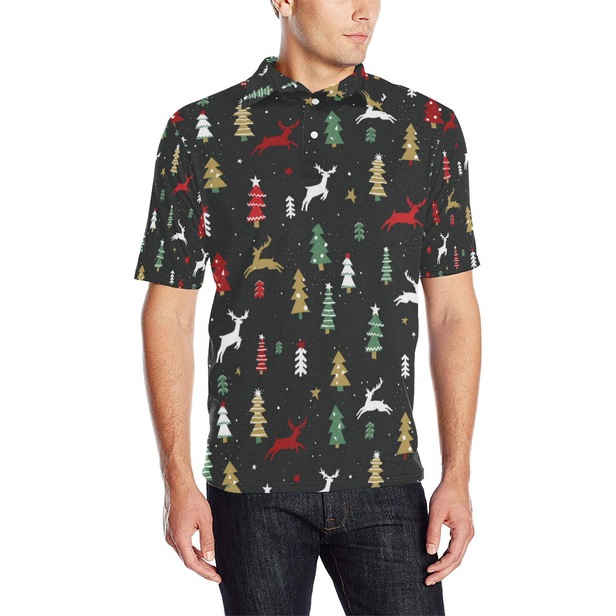 Christmas Tree Deer Style Pattern Print Design 03 Men Polo Shirt