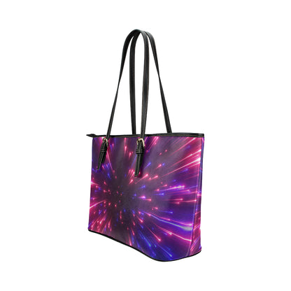 Celestial Purple Blue Neon Speed Light Leather Tote Bag