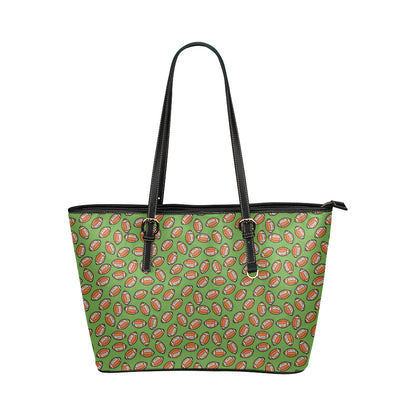 American Football on Green Design Leather Tote Bag