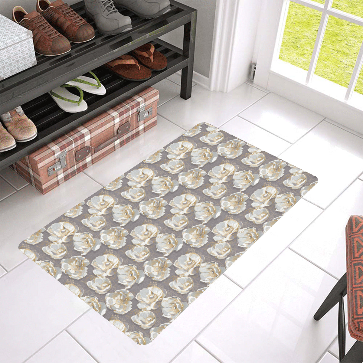 Elegant Grey Flower Print Rubber Doormat