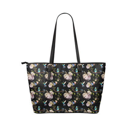 Hummingbird Flower Themed Print Leather Tote Bag