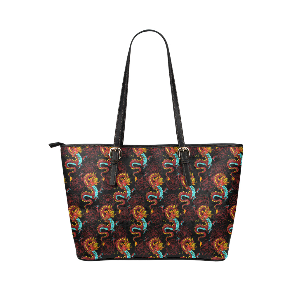 Chinese Dragons and Peonies Design Leather Tote Bag