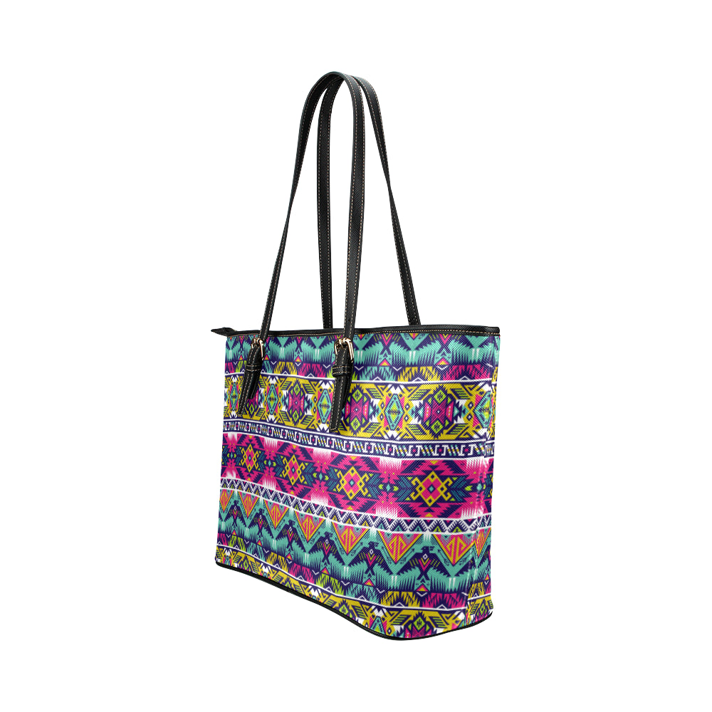 Indian Navajo Color Themed Design Print Leather Tote Bag