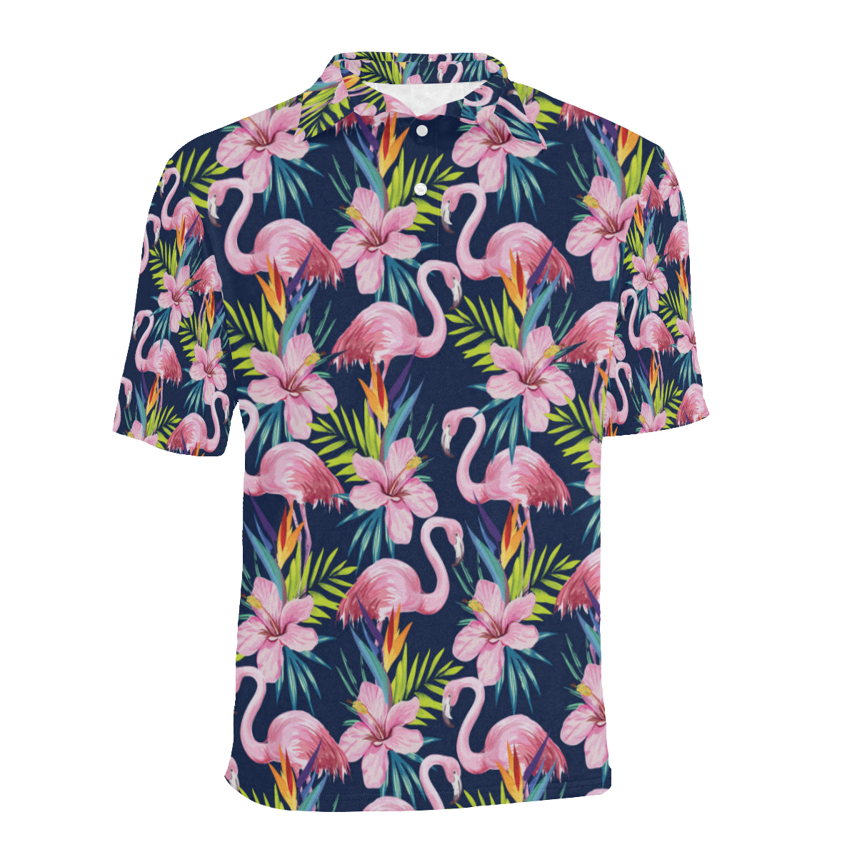 Flamingo Hibiscus Print Men Polo Shirt