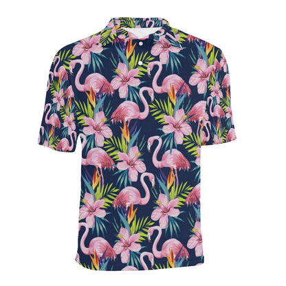 Flamingo Hibiscus Print Men Polo Shirt
