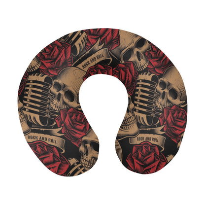Microphone Skull Rose Pattern Print Design 02 U-Shaped Travel Neck Pillow