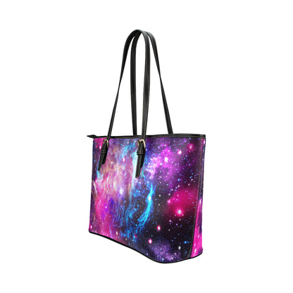 Galaxy Night Purple Space Print Leather Tote Bag