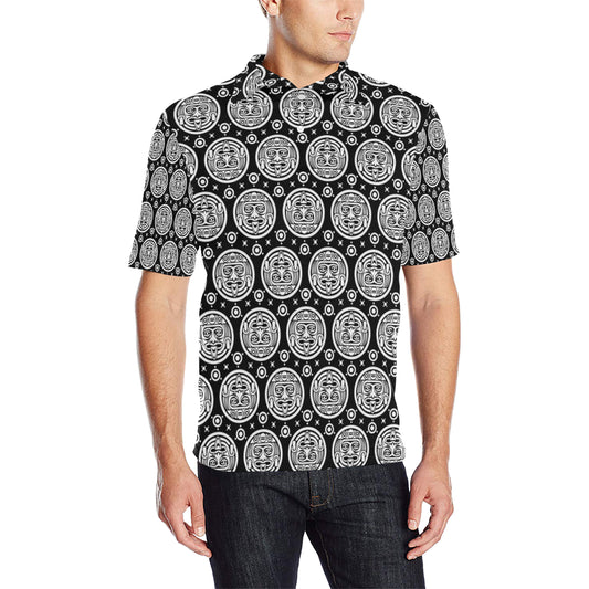 Calendar Aztec White Black Print Pattern Men Polo Shirt
