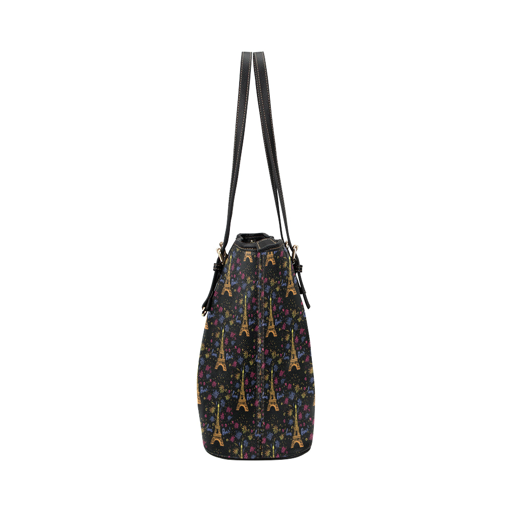 Eiffel Tower Love Paris Print Leather Tote Bag