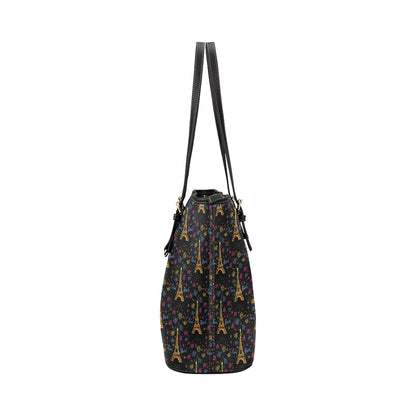 Eiffel Tower Love Paris Print Leather Tote Bag