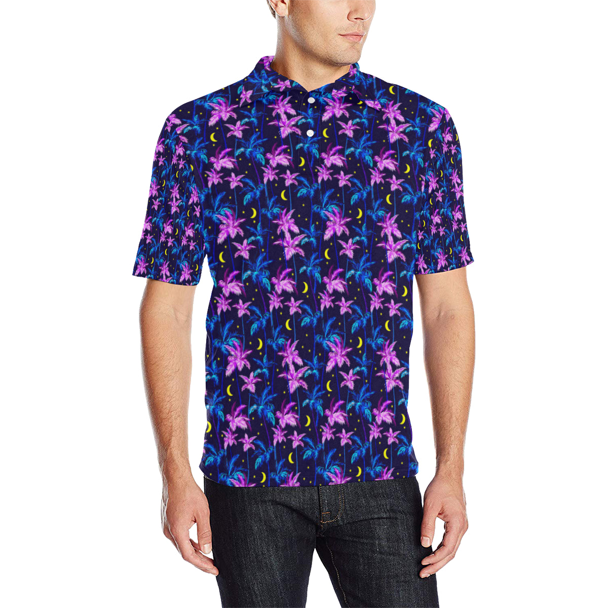 Palm Tree Night Scene Design Print Men Polo Shirt