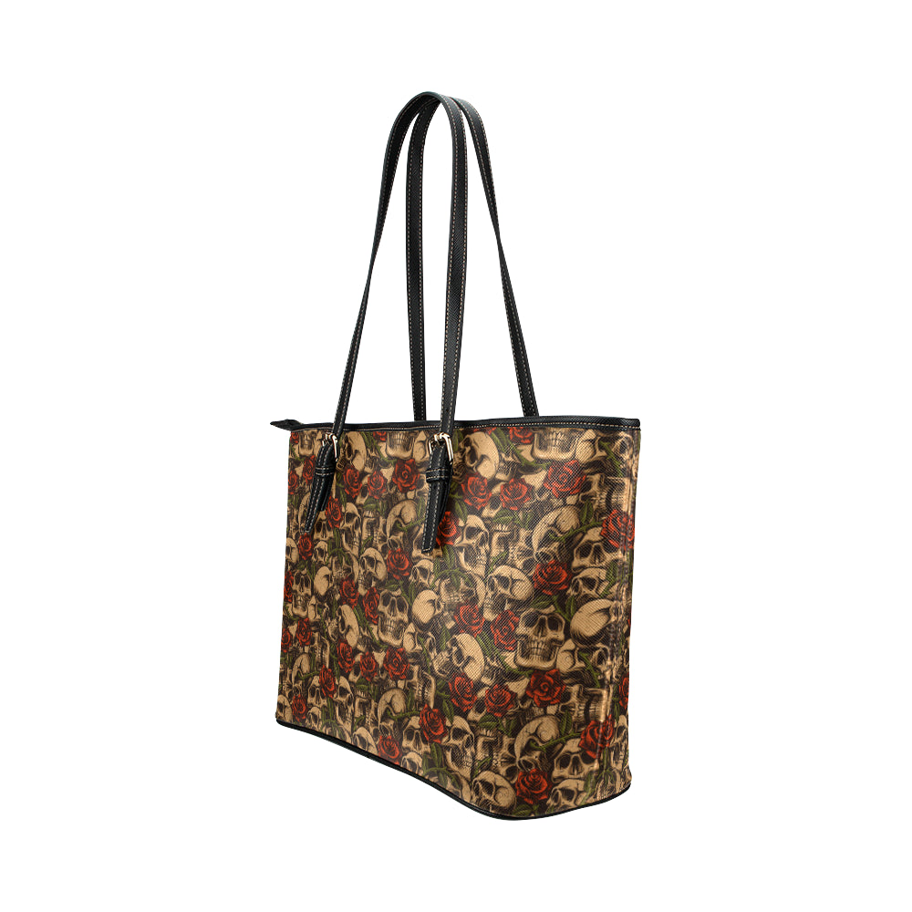 Skull Roses Vintage Design Themed Print Leather Tote Bag