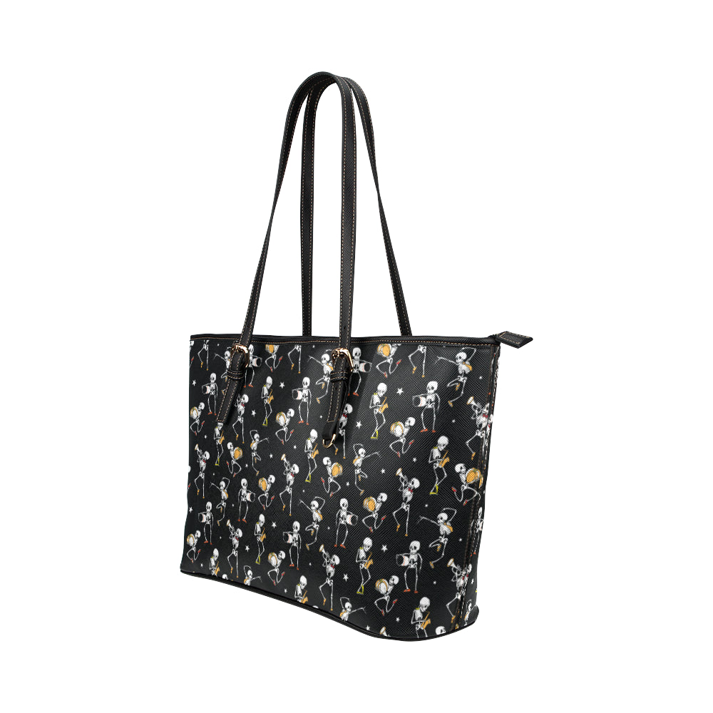 Skeleton Dance Print Leather Tote Bag