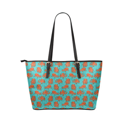 Octopus Cartoon Design Print Themed Leather Tote Bag