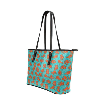Octopus Cartoon Design Print Themed Leather Tote Bag