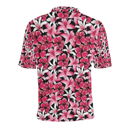 Flower Hawaiian Pink Red  Hibiscus Print Men Polo Shirt