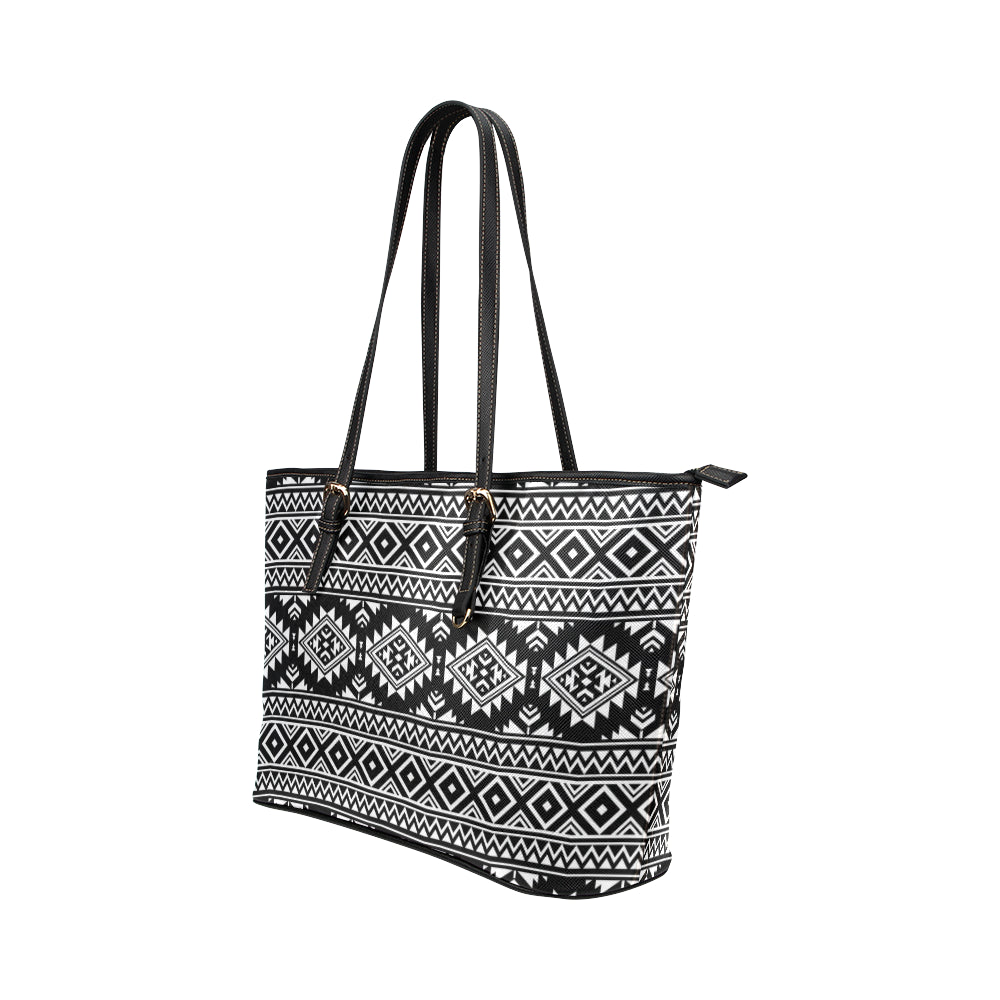 Aztec Black White Print Pattern Leather Tote Bag