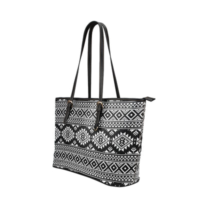 Aztec Black White Print Pattern Leather Tote Bag