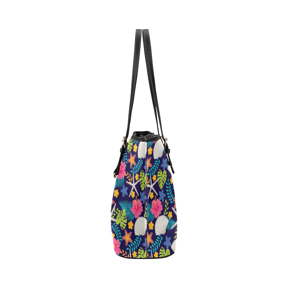 Beach Seashell Floral Theme Leather Tote Bag