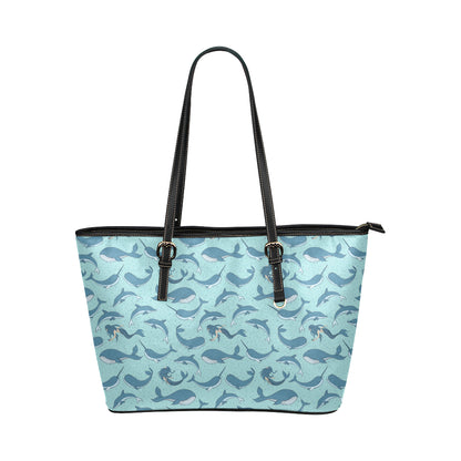 Narwhal Themed Print Leather Tote Bag