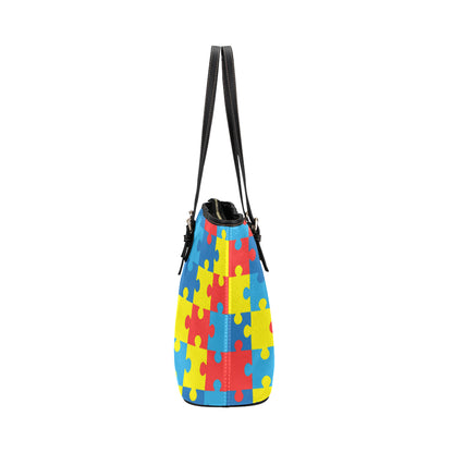 Autism Awareness Puzzles Design Print Leather Tote Bag