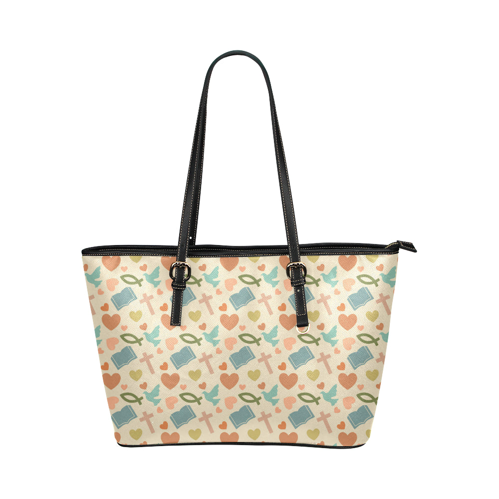 Christian Symbol Pattern Leather Tote Bag