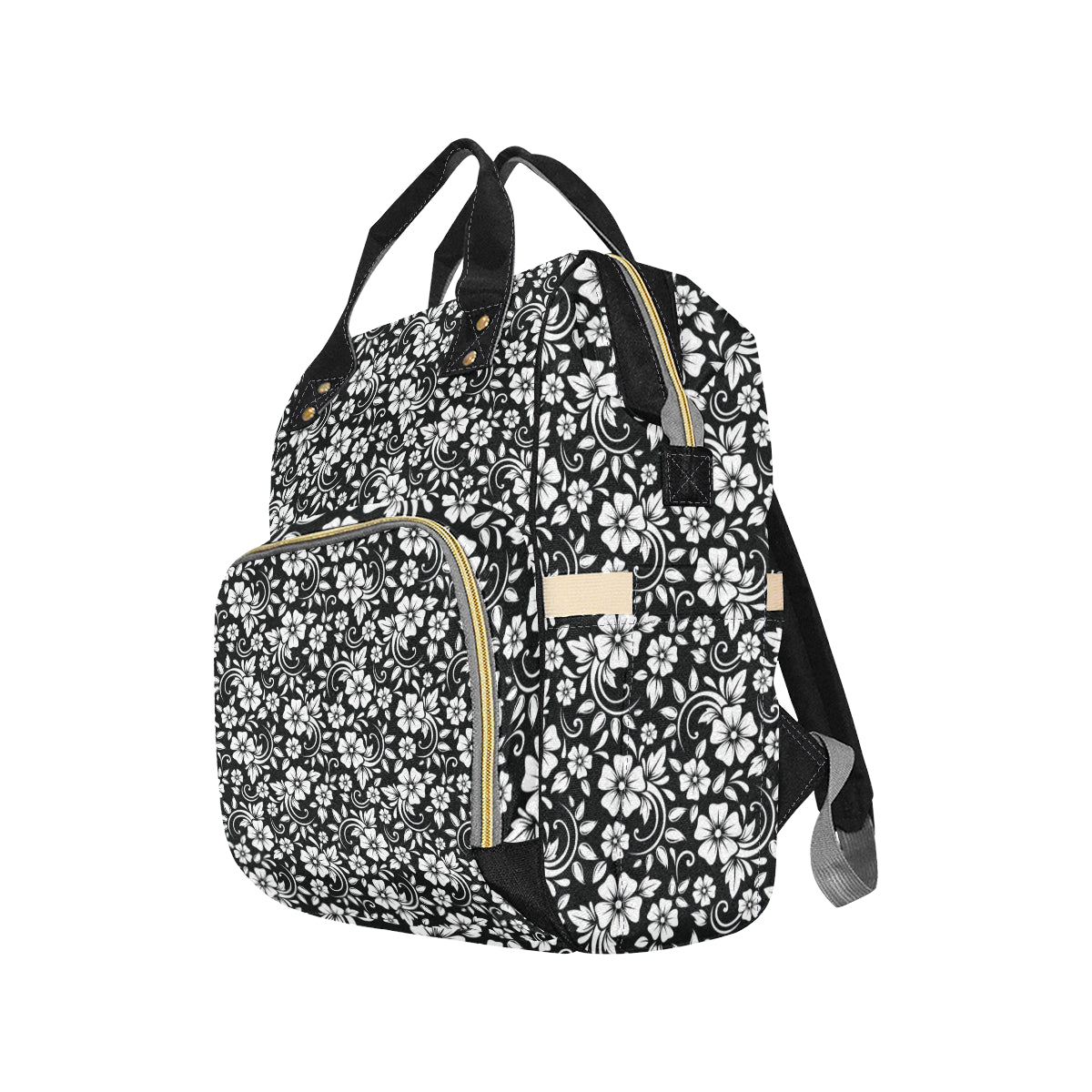 Floral Black White Themed Print Diaper Bag Backpack