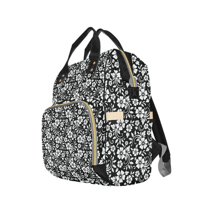 Floral Black White Themed Print Diaper Bag Backpack