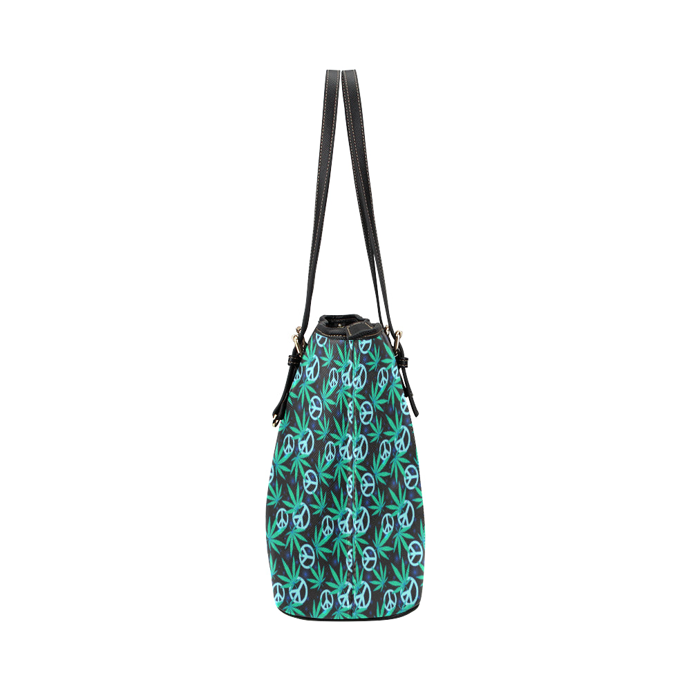 Peace Sign Themed Design Print Leather Tote Bag