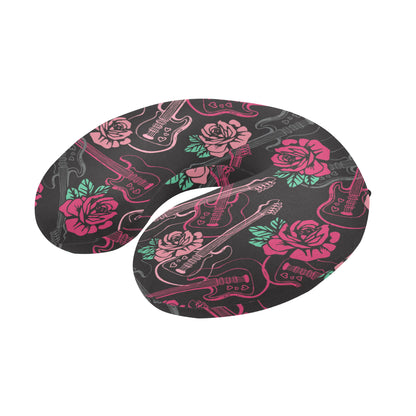 Bass Guitar Pink Rose Pattern Print Design 01 U-Shaped Travel Neck Pillow