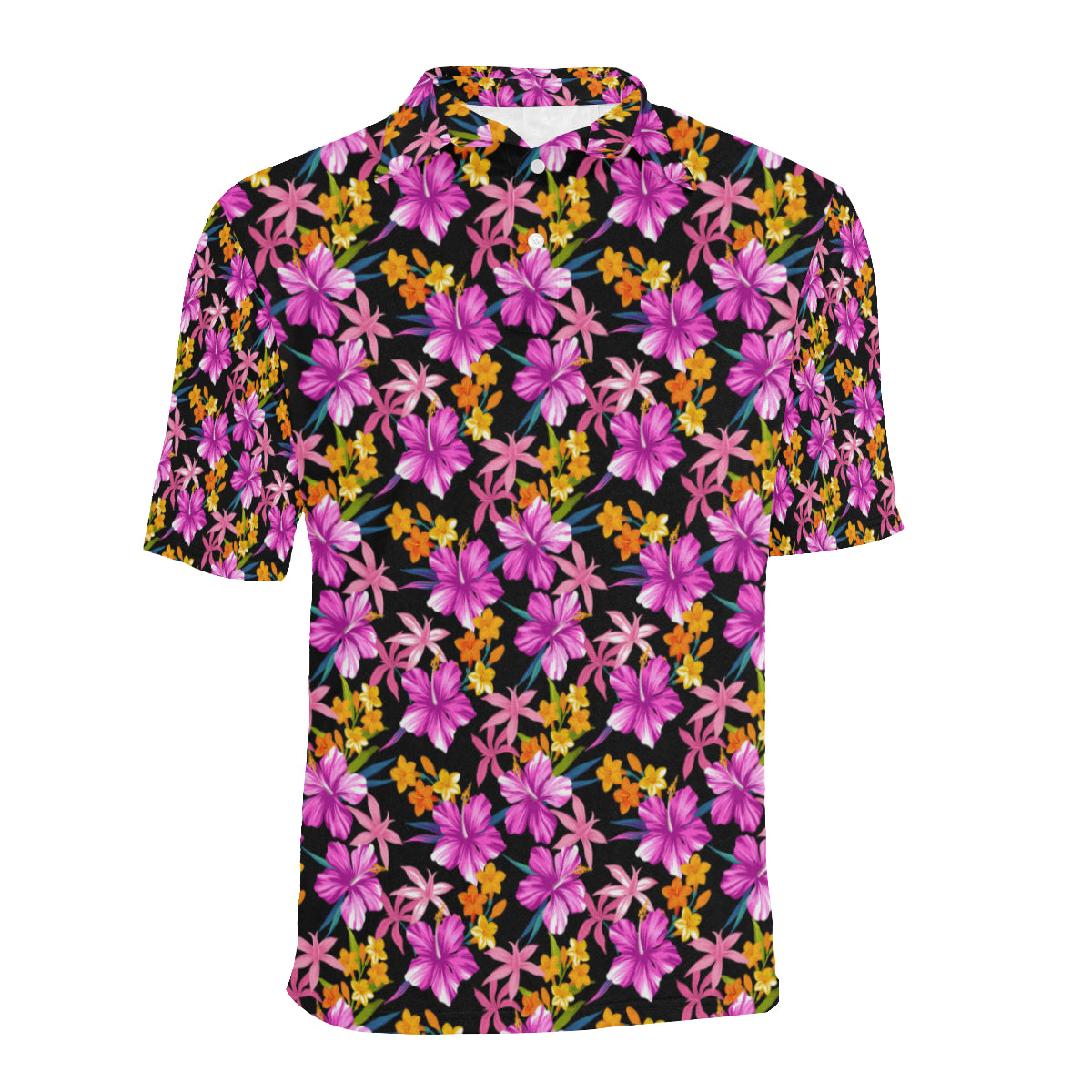 Tropical Folower Pink Hibiscus Print Men Polo Shirt