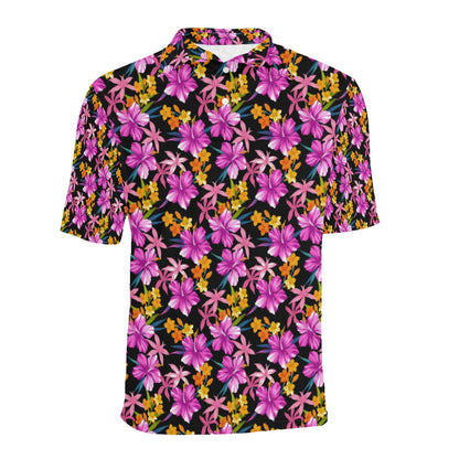 Tropical Folower Pink Hibiscus Print Men Polo Shirt