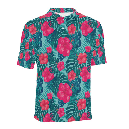 Red Hibiscus Pattern Print Design HB017 Men Polo Shirt