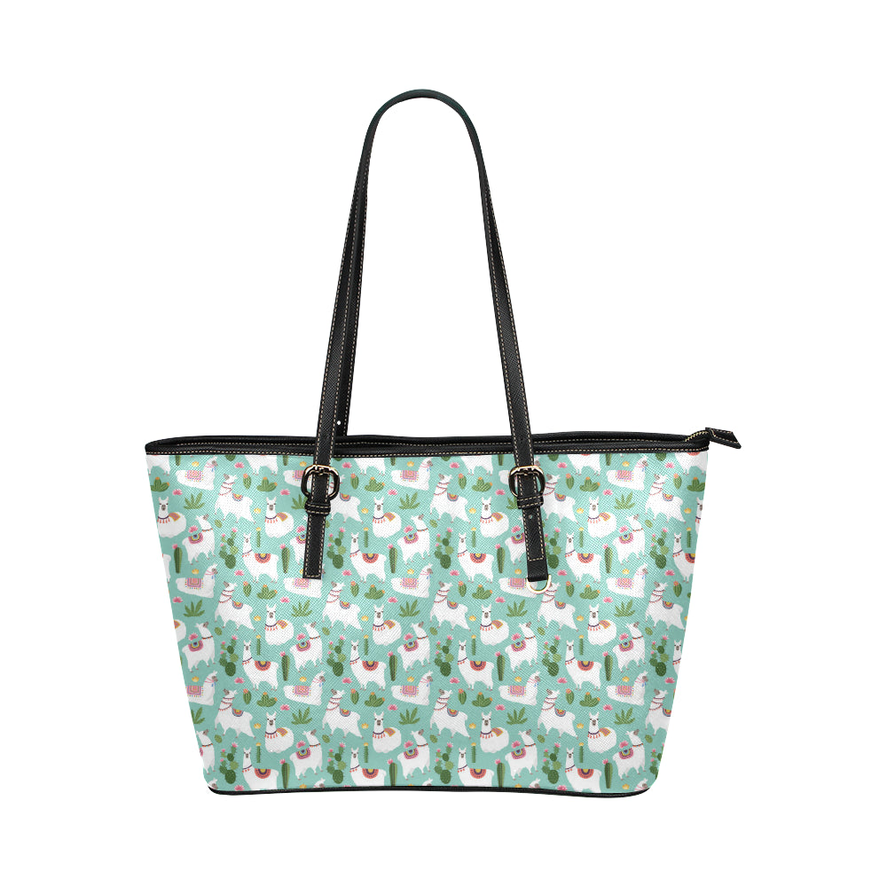 Llama with Cactus Themed Print Leather Tote Bag