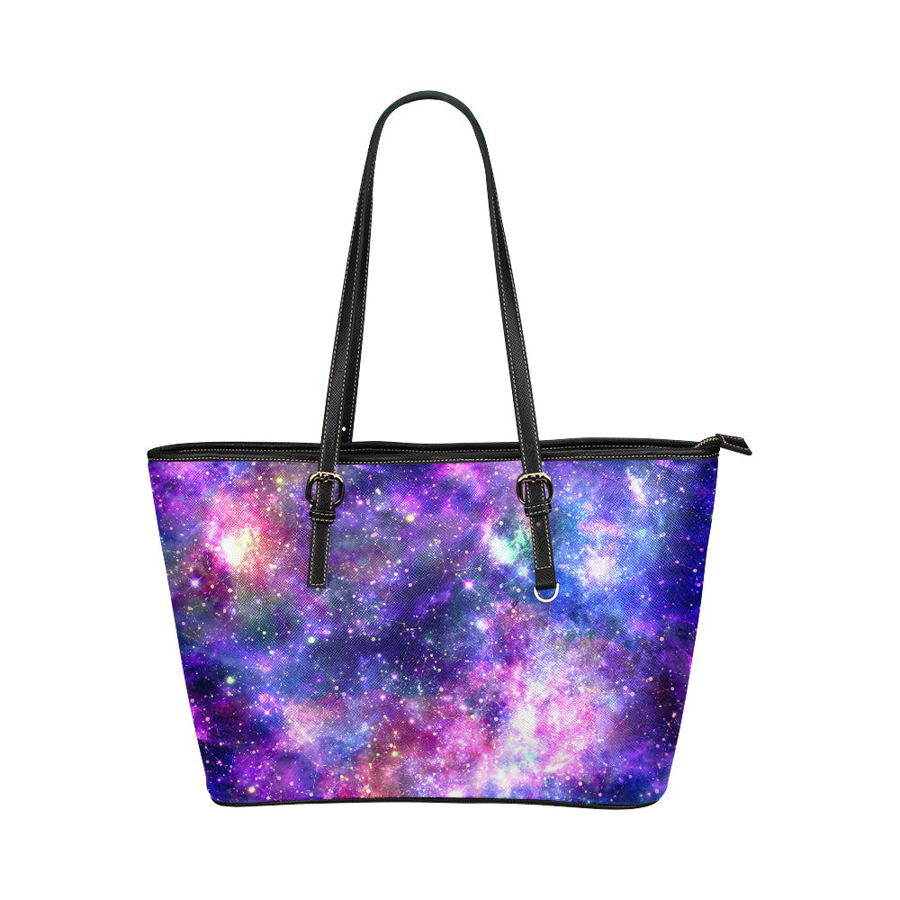 Galaxy Night Stardust Space Print Leather Tote Bag