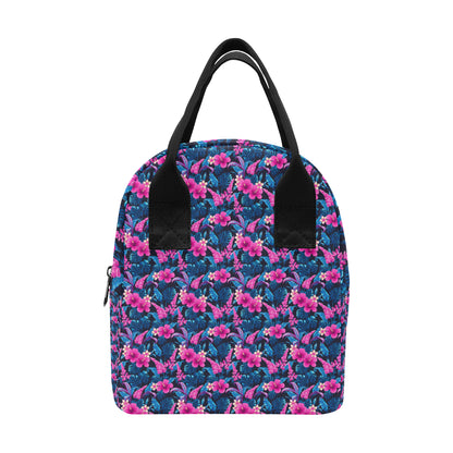 Tropical Folower Pink Themed Print Insulated Lunch Bag